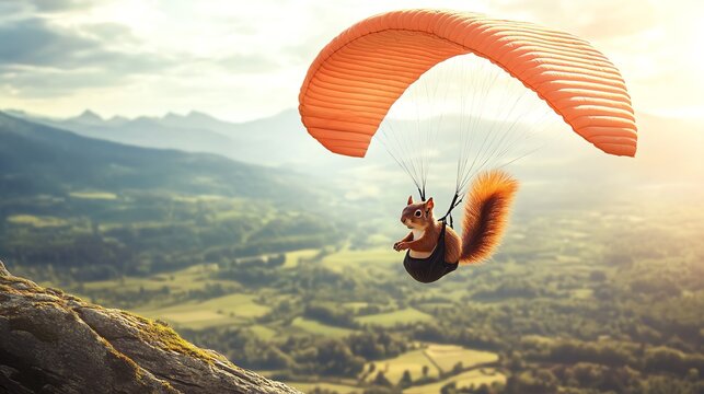 A playful squirrel paragliding over a beautiful landscape, enjoying the thrill of flight and freedom.