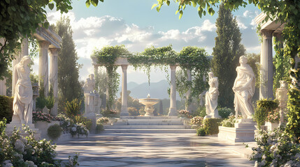Obraz premium Enchanting ancient greek garden with marble statues, vine-covered pergolas, and tranquil fountain. Marble Sculpture Garden. Illustration