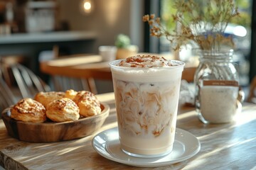 sustainable coffee shop, enjoy an iced vanilla latte in a biodegradable cup with pastries in a cozy rustic kitchen
