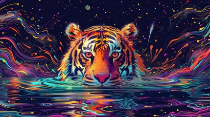Obraz premium Psychedelic Tiger Swimming in Cosmic Water.