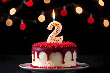 2nd birthday cake with number 2 candle, isolated on dark background with bokeh lights