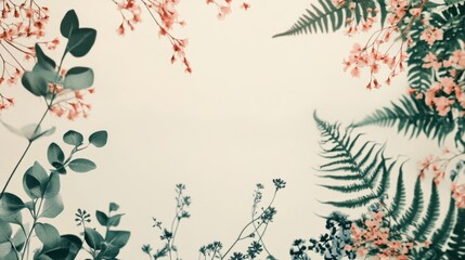 Fototapeta premium A floral arrangement with various leaves and flowers framing a blank space.