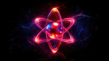 Obraz premium Colorful Atomic Structure Illustration with Central Nucleus Surrounded by Orbiting Electrons, Featuring Vibrant Energy Effects and Luminous Paths Representing Protons and Neutrons