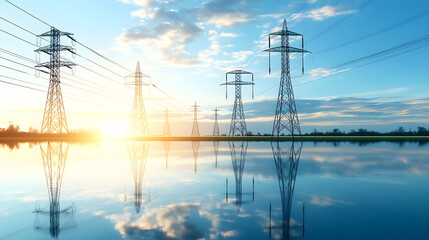 Power lines reflect in water at sunset, showcasing renewable energy