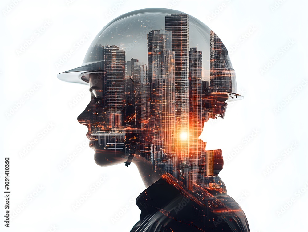 Poster conceptual image of a construction worker’s silhouette with a vibrant city skyline overlay symbolizi