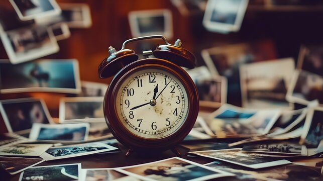 many photos floating past an analog clock on a dark background, with depth of field. Time, eternity, metaphor of the universe.