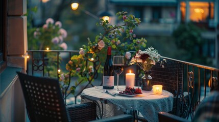 Obraz premium Scenic Balcony Dinner Setup with Candlelit Table