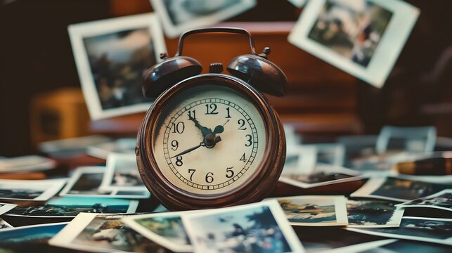 many photos floating past an analog clock on a dark background, with depth of field. Time, eternity, metaphor of the universe.
