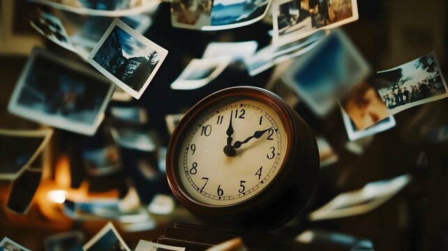 many photos floating past an analog clock on a dark background, with depth of field. Time, eternity, metaphor of the universe.
