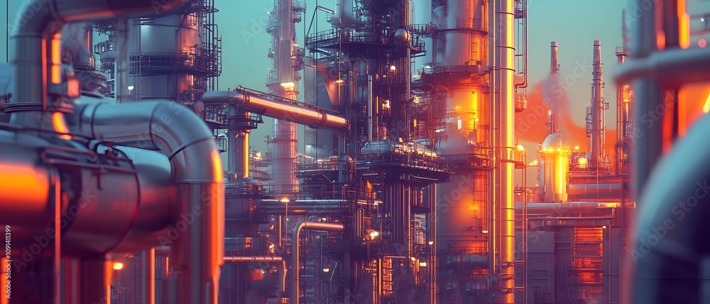 Aufkleber industrial complex at dusk with illuminated pipelines and equipment amidst a colorful atmosphere hig