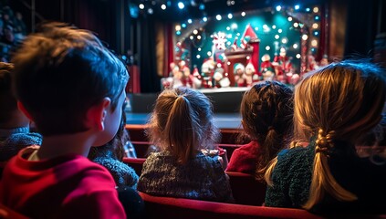 A festive group of children enjoying a Christmas puppet show with Santa and elf dolls on stage, set against a red curtain in a magical holiday atmosphere.
