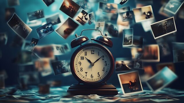 many photos floating past an analog clock on a dark background, with depth of field. Time, eternity, metaphor of the universe.