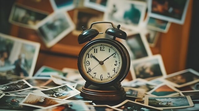 many photos floating past an analog clock on a dark background, with depth of field. Time, eternity, metaphor of the universe.