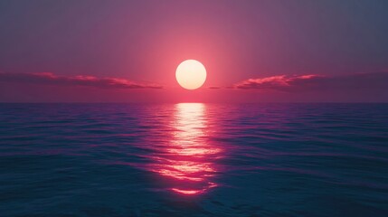 Serene Sunset Glow Over Tranquil Ocean Waters with Reflections at Dusk, Surrounding Peaceful Sky in Shades of Pink and Purple
