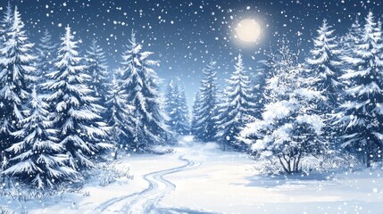 Obraz premium Snowy winter forest illustration featuring tall evergreen trees, soft snowflakes, and a serene moonlit path through a tranquil landscape.
