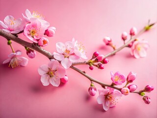 Naklejka premium Elegant Pink Cherry Blossom Branch Displaying Soft Petals and Buds on a Pastel Pink Background for Seasonal and Floral Inspiration