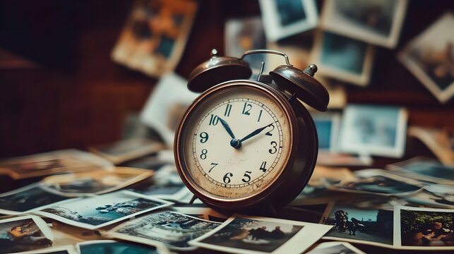 many photos floating past an analog clock on a dark background, with depth of field. Time, eternity, metaphor of the universe.