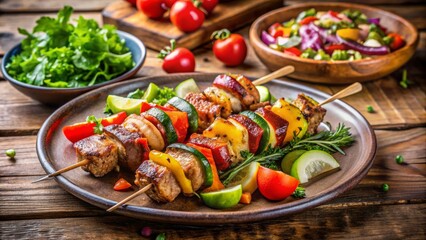 Grilled Skewers with Colorful Vegetables and Tender Meat Served on a Rustic Wooden Table with Fresh Salad and Cherry Tomatoes