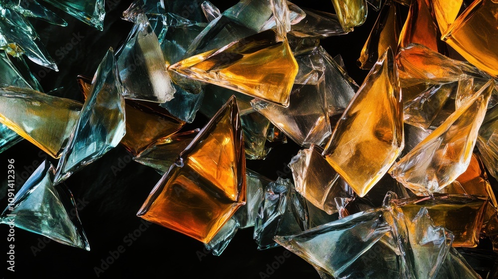 Poster abstract composition of colorful glass fragments in various shapes creating a dynamic visual display