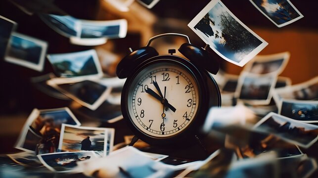 many photos floating past an analog clock on a dark background, with depth of field. Time, eternity, metaphor of the universe.