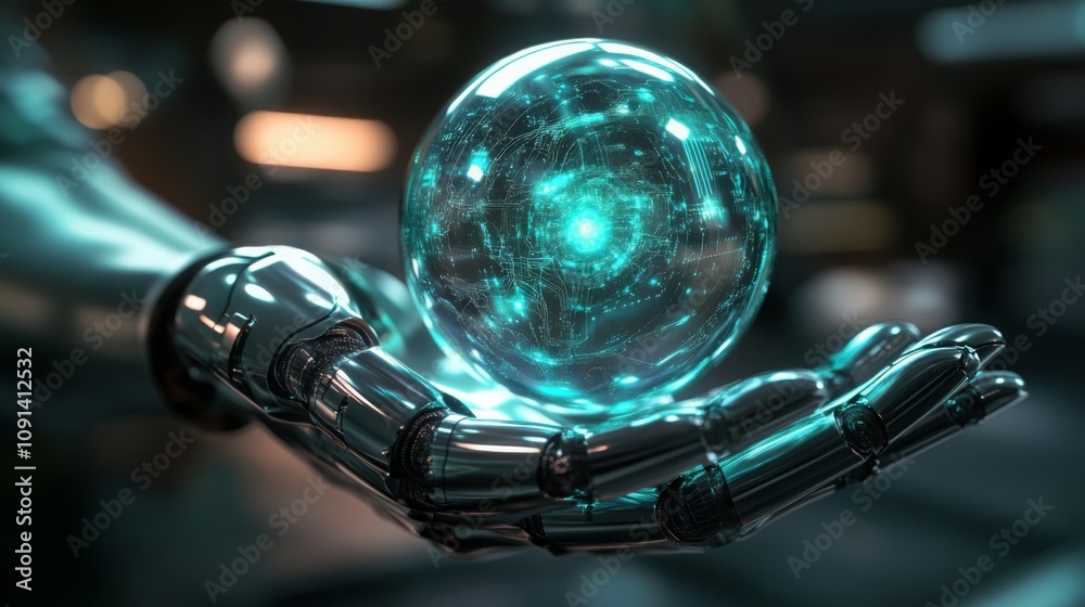 Poster a metallic robotic hand gently cradles a glowing, transparent sphere filled with intricate patterns.