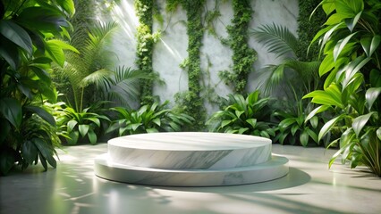 Fototapeta premium Elegant Green Plant Background with Marble Display Platform Surrounded by Lush Foliage Ideal for Natural Beauty Products and Wellness Promotion
