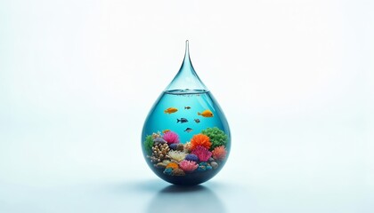 Obraz premium A vibrant coral reef scene contained within a water droplet, with colorful fish, coral, and sea plants. The droplet floats on a white background, representing the importance of water ecosystems.
