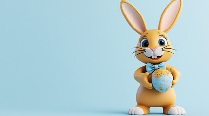 Obraz premium 3d render bunny holding easter egg blue background ample copy space, generative ai