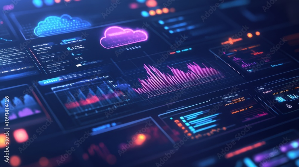 Aufkleber The dashboard showcases a vibrant interface filled with graphs, charts, and data visualizations, representing complex analytics. The design emphasizes modern technology and cloud computing elements.