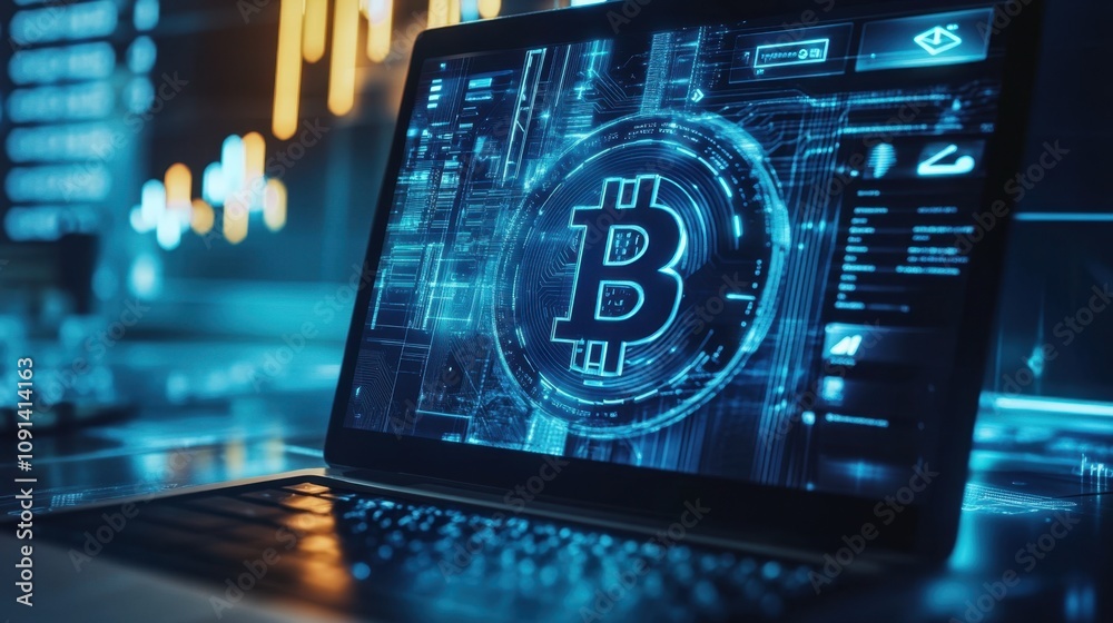 Poster digital representation of cryptocurrency and blockchain technology on a laptop screen with financial