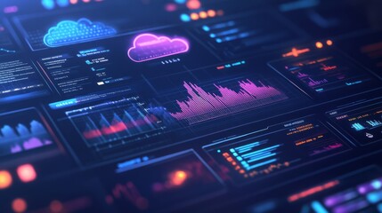The dashboard showcases a vibrant interface filled with graphs, charts, and data visualizations, representing complex analytics. The design emphasizes modern technology and cloud computing elements.