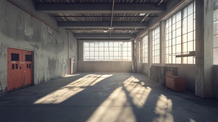Abandoned Industrial Warehouse Interior with Natural Light Streaming Through Large Windows and Falling Shadows on Concrete Floor