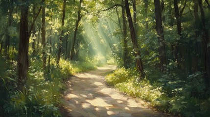 Fototapeta premium Serene forest pathway illuminated by soft sunlight filtering through lush green leaves, creating a tranquil and calming atmosphere in nature.