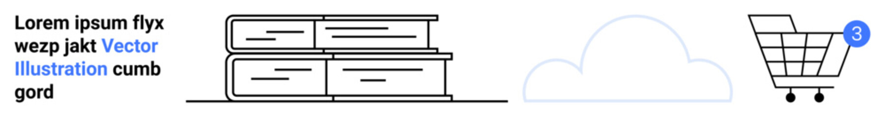 Stack of books beside a cloud and shopping cart with a notification. Ideal for education, e-learning, online libraries, cloud storage, digital academic resources, shopping, and notifications. Landing