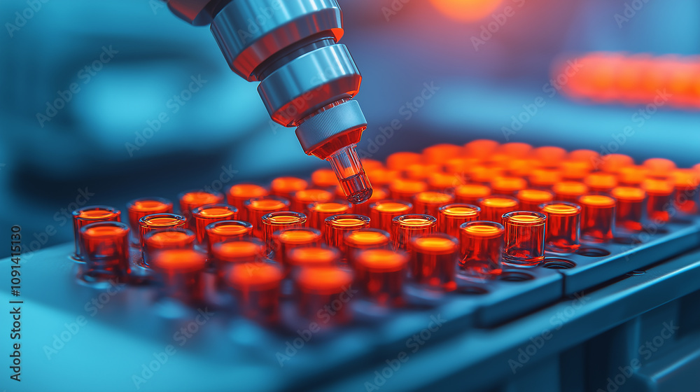 Fototapete robotic arm precisely handling vials in laboratory setting