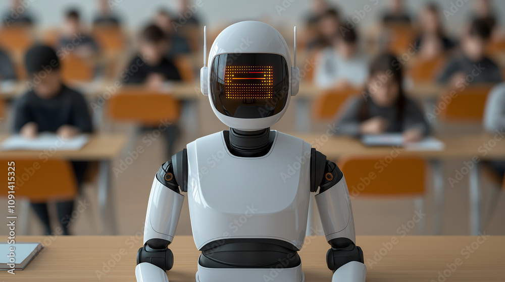 Aufkleber humanoid robot teaching in futuristic classroom setting