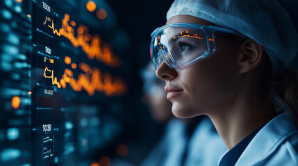focused doctor analyzing data in futuristic hospital setting