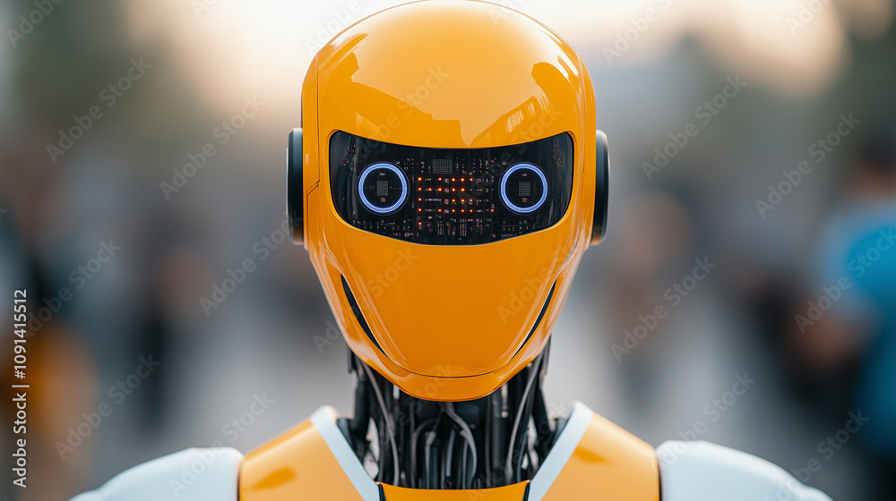 Poster humanoid robot with bright yellow head and advanced technology features
