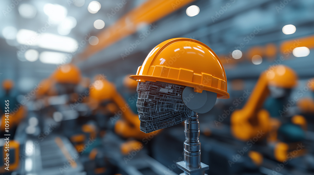 Poster humanoid robot with digital helmet in factory setting
