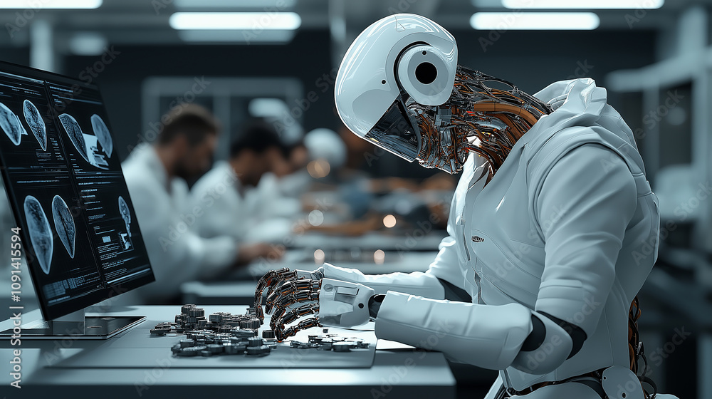 Poster humanoid robot assembling components in modern factory setting