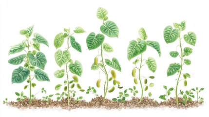 Illustration of soybean growth stages showing the development of leguminous plants from seedling to mature plants with leaves and pods.