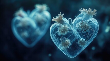 Transparent heart shapes adorned with delicate coral-like textures, floating against a dark blue background, creating a surreal underwater effect.
