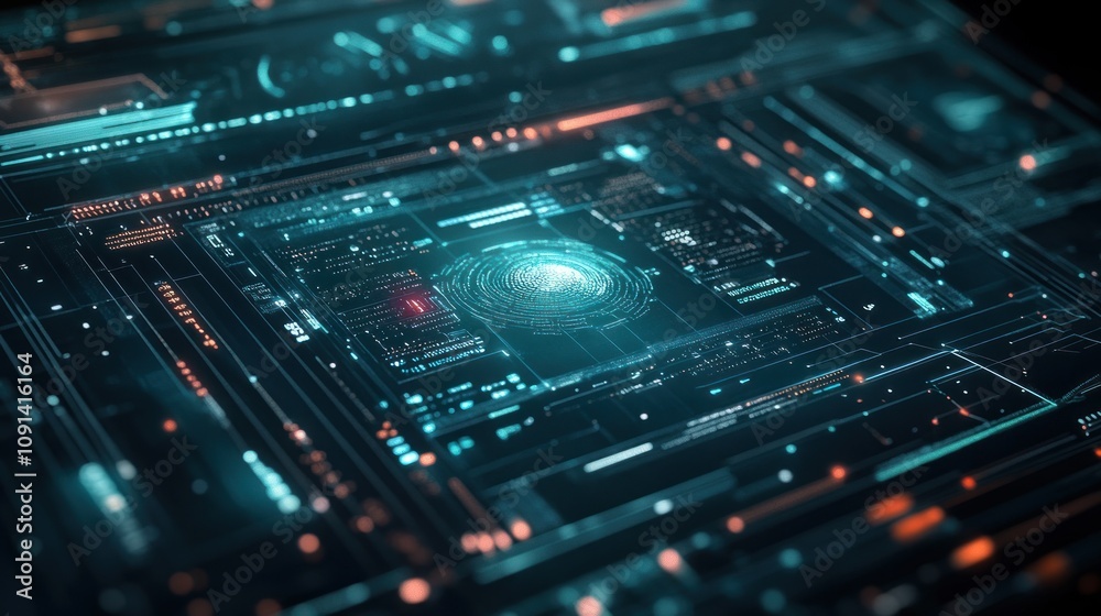 Poster futuristic digital interface with abstract technology elements and biometric scanning graphics in ne