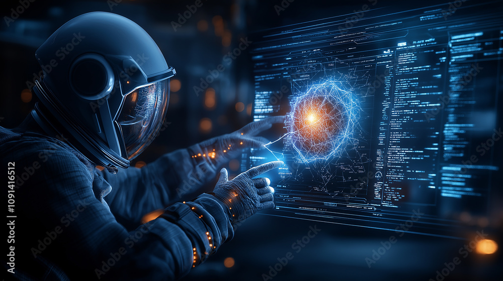 Aufkleber astronaut interacts with holographic display in space, showcasing technology