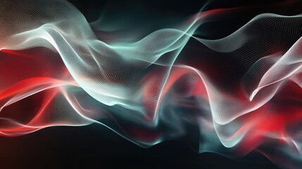 Fototapeta premium Futuristic abstract background showcasing flowing waves of dynamic technology particles in vibrant red and blue tones, symbolizing continuous technological evolution.