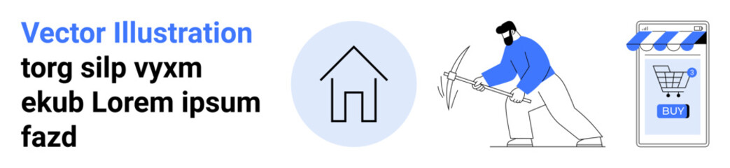 House icon, miner with pickaxe, online store interface. Ideal for technology, ecommerce, real estate, construction, business, digital marketing, landing pages Landing page