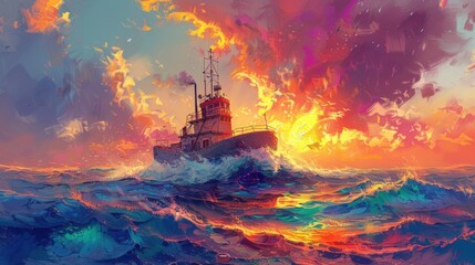 Fototapeta premium Colorful tugboat sailing through vibrant sunset seascape.