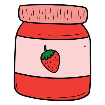 recommend clip art: Hand drawn cartoon jar of strawberry jam on white background.