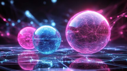 3D render of vibrant glowing spheres in pink and blue, featuring disco ball aesthetics and network connections against a dynamic abstract background, ideal for digital art or event promotion.