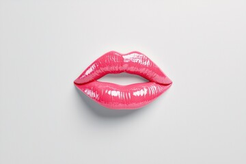 Obraz premium A vibrant pink pair of glossy lips against a minimalist white background, showcasing a striking and playful aesthetic.